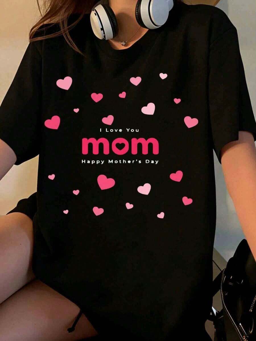 "I Love You Mom" T-Shirt With Pink Hearts Design For Mother's Day, For Women And Girls, Mother's Day Gift [Suitable For Casual And Sports Activities] - 黑色 - 查看 1