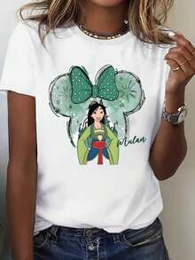Women's Princess Print T-Shirt - 100% Machine Washable, Casual Short Sleeve, Round Neck With Cartoon And Geometric Pattern Design, Comfortable For All Seasons, Birthday And Mother's Day Gift For Women, Family T-Shirts, Comfortable Clothing, Easy Care - 白色 - 查看 1