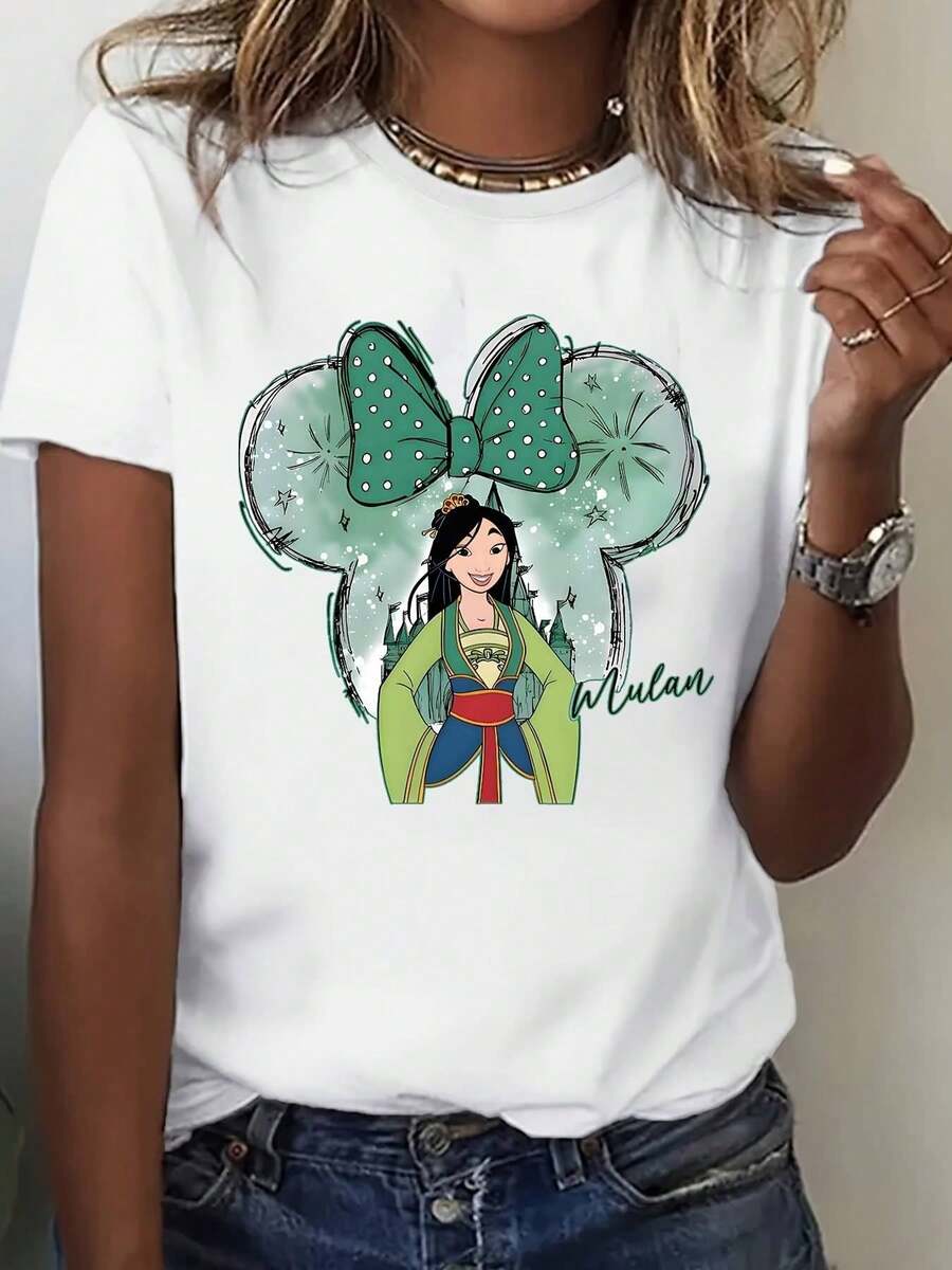 Women's Princess Print T-Shirt - 100% Machine Washable, Casual Short Sleeve, Round Neck With Cartoon And Geometric Pattern Design, Comfortable For All Seasons, Birthday And Mother's Day Gift For Women, Family T-Shirts, Comfortable Clothing, Easy Care - 白色 - 查看 1
