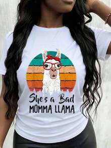 She's A Bad Mama Llama, Retro Vintage T-Shirt With Funny Llama Graphic For Women And Girls, Casual Wear, Gift Idea. - 白色 - 查看 1