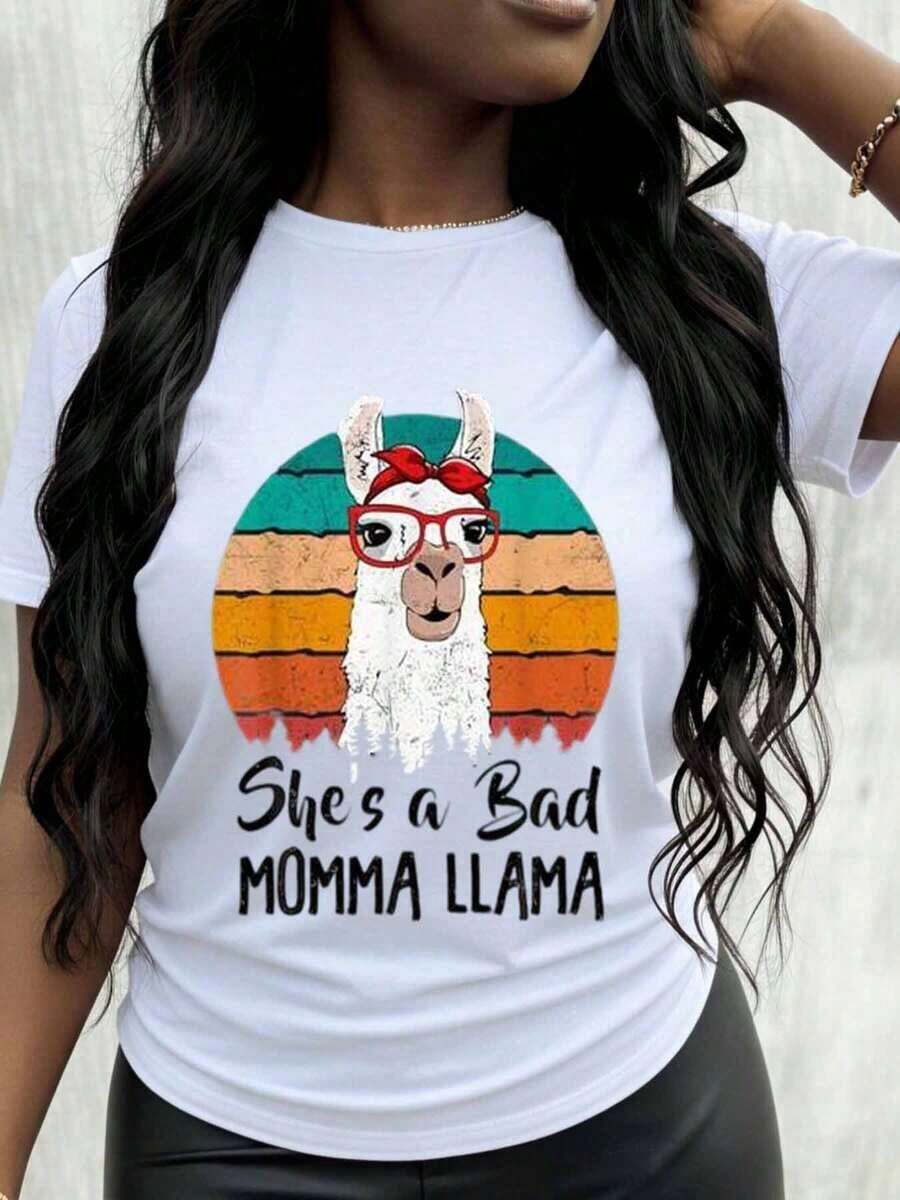 She's A Bad Mama Llama, Retro Vintage T-Shirt With Funny Llama Graphic For Women And Girls, Casual Wear, Gift Idea. - 白色 - 查看 1