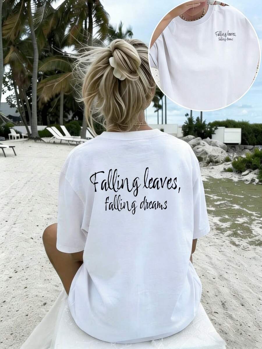 Women's Artistic Style Short-Sleeve T-Shirt, 100% Cotton, Loose Fit, With Hand-Lettered Slogan Print "Falling Leaves" Autumn, Breathable Casual Top, Summer Casual Art Clothing With Letter Prints, Short-Sleeve T-Shirt For Adult Women For Summer Beach, Made Of Breathable Fabric, Suitable For Back To School Season, Outdoor Use, Ideal Gift. - 白色 - 查看 1