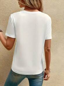 Casual Short-Sleeve T-Shirt With Korean  Clover Print, Soft Style, Regular Fit Short-Sleeve T-Shirt For Women, Everyday Top For Going To Campus - 白色的 - 查看 2