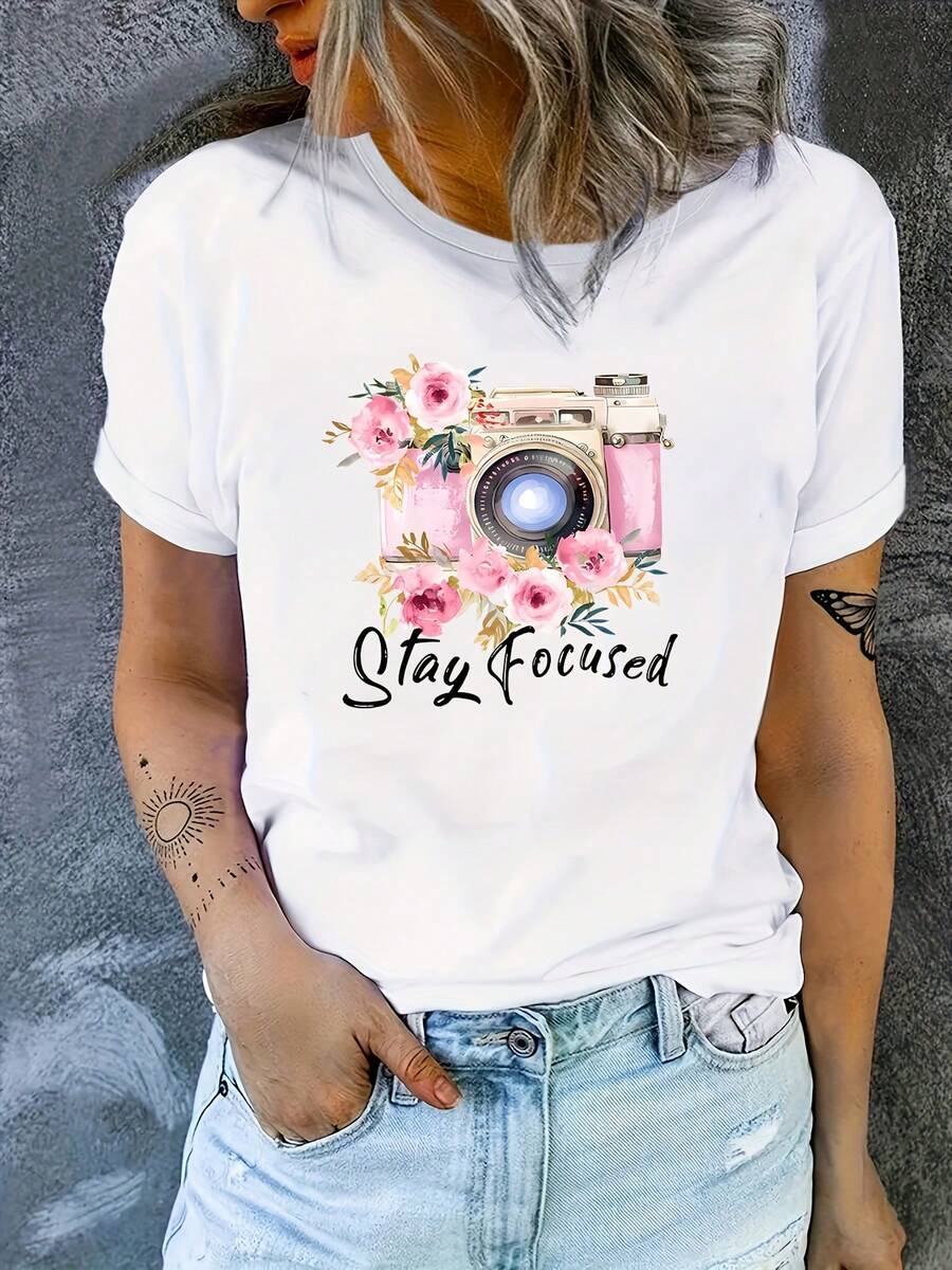 Women's Plus Size Cotton Crew Neck Casual T-Shirt, Casual Sports Tee, Floral Camera Print, Comfortable And Fitted Short Sleeve T-Shirt, And Breathable Casual Top. Simple T-Shirt For Everyday Wear. - 白色 - 查看 1