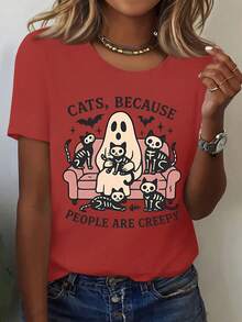 Women's Casual Cotton Crew Neck T-Shirt - Halloween And Thanksgiving T-Shirt With The Phrase "Cats Because Humans Are Too Weird" - Red Short Sleeve Casual Top With Ghost, Cat, And Bat Print, Crew Neck, Machine Washable, Horror Party Costume For Cat Lovers. Simple T-Shirt For Everyday Wear. - 紅色 - 查看 1