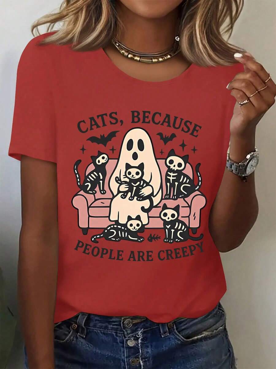 Women's Casual Cotton Crew Neck T-Shirt - Halloween And Thanksgiving T-Shirt With The Phrase "Cats Because Humans Are Too Weird" - Red Short Sleeve Casual Top With Ghost, Cat, And Bat Print, Crew Neck, Machine Washable, Horror Party Costume For Cat Lovers. Simple T-Shirt For Everyday Wear. - 紅色 - 查看 1