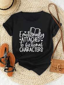 Women's Cotton Crew Neck T-Shirts, Casual Style For Back To School Season, With Summer Letter Print, Simple Short Sleeve T-Shirt For Everyday Wear - 黑色 - 查看 7