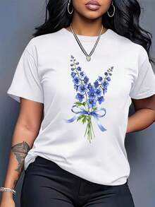 Camiseta Holgada para Mujer de Talla Grande - Estampado Floral Blanco y Azul, Camiseta Casual de Manga Corta, Transpirable y Suave con Cuello Redondo, Adecuada para Uso Diario en Primavera y Verano, Lavable a Máquina. Camiseta holgada para mujer, cómoda y versátil. - Negro - Ver 5