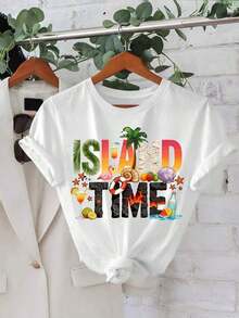 Camiseta de manga corta con cuello redondo y estampado de criaturas marinas para mujer - Blanco 3 - Ver 6