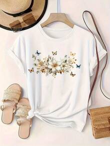 Short-Sleeved T-Shirt With Butterfly And White Peony Print, Harajuku Style, Casual, Aesthetic, Vintage, Street Style, Unisex, Loose, Cotton, Round Neck. - 白色 - 查看 3