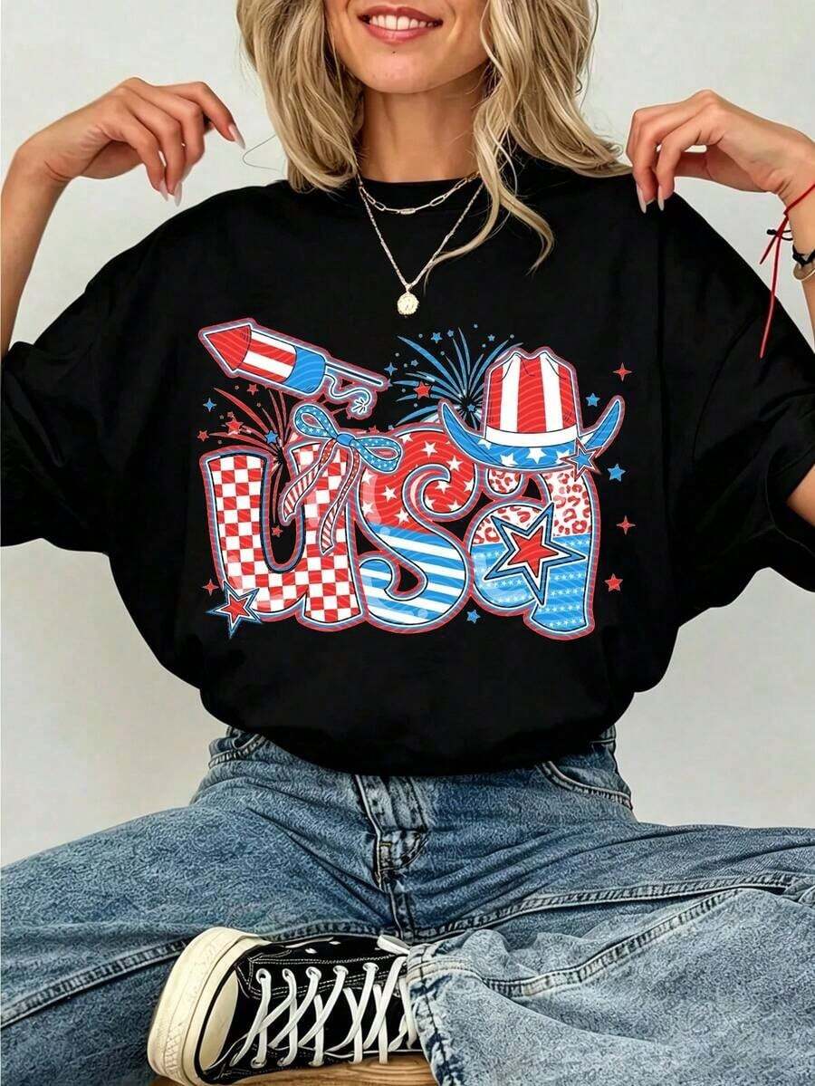 Nueva Camiseta Casual de Algodón de Manga Corta con Cuello Redondo y Estampado Gráfico para Mujer, Estilo Vintage Urbano, Unisex, Holgada, Ideal como Regalo para el Día de la Independencia. - Negro - Ver 1