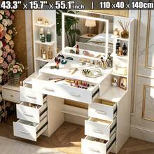 Large Dressing Table With LED Lighted Mirror Stool 10 Shelves Vanity Makeup Desk - Dressing Table With Drawers Mirror Stool Set Makeup Desk Vanity Table Bedroom - White - View 1