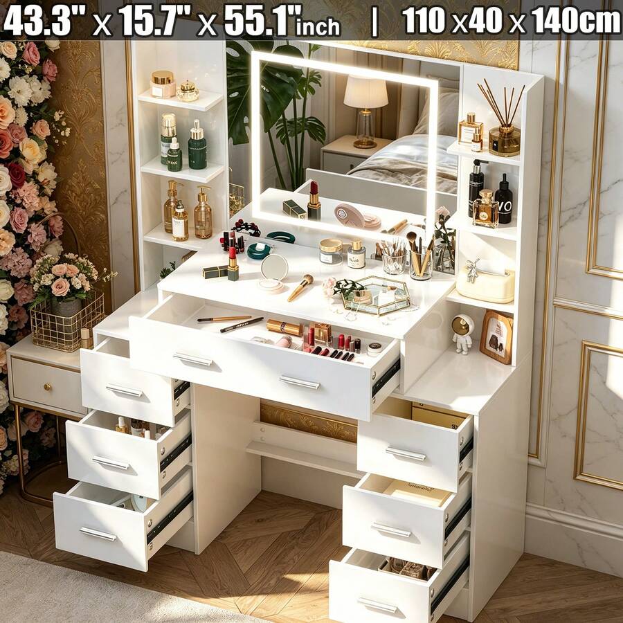 Large Dressing Table With LED Lighted Mirror Stool 10 Shelves Vanity Makeup Desk - Dressing Table With Drawers Mirror Stool Set Makeup Desk Vanity Table Bedroom - White - View 1