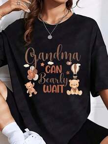 100% Cotton 1 Piece Bear And Balloon Design T-Shirt "Grandma Can't Wait For The Bear" For Grandma Gift, Mother's Day Celebration Or Birthday, 220gg 100% Cotton Women's Simple Solid Color T-Shirt, Loose And Slim Fit Casual Short Sleeve - 黑色 - 查看 10