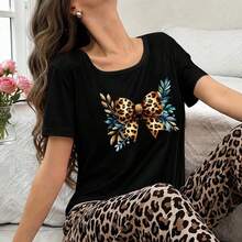 Women's Cotton Leopard Print Bow T-Shirt, Short Sleeve, Round Neck, Casual Everyday Top, Loose Fit, Basic T-Shirt, Sizes M-5XL, Soft And Comfortable Material, Animal Print Design, Essential For Summer Fashion. - 黑色 - 查看 7