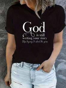 100% Cotton. One Piece Of Women's Short-Sleeved T-Shirt With A Round Neck And Inspirational Quote, Regular Length, Casual Style For Spring And Summer, G, 100% Soft Cotton. Women's Simple Solid Color T-Shirt, Loose And Slim Fit Casual Short Sleeve - 黑色 - 查看 7