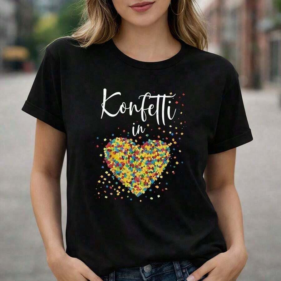 Women's Confetti Heart Print Cotton Cami, Sizes, Casual Graphic Cami, Short Sleeve Crew Neck, Soft And Breathable Cotton Blouse, Loose Fit Everyday Top, Colorful Confetti Design Cami For Women. - 黑色 - 查看 1
