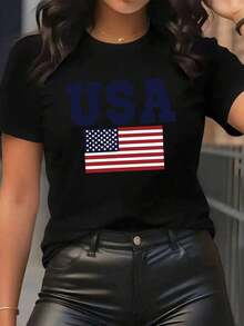 Y2K Women's Graphic T-Shirt With American Flag - Casual Stretch T-Shirt With USA Lettering - Patriotic Gym Wear, Casual Outfit And Independence Day Gift - Machine Washable T-Shirt (Spring/Autumn/Summer) - Birthday Gift For Women, American Flag T-Shirts, Summer Fashion, Non-See-Through Material - 黑色 - 查看 2