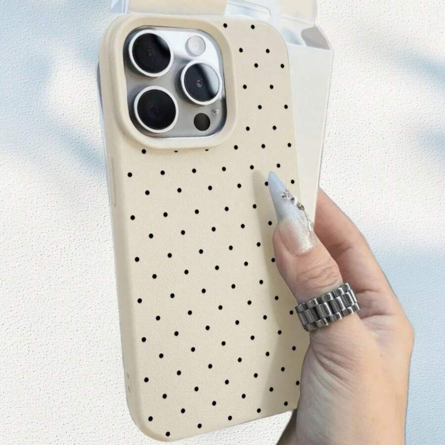 1pc Black Polka Dot UV Printed Pattern Design Leather Texture Phone Case - Multicolor - View 1