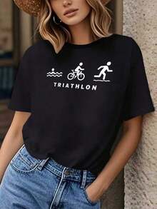 PremiumSofttouch Triathlon Logo Simple Wo's Pure Cotton Comfortable T-Shirt, Wo's T-Shirt, Sportswear, Casual Apparel, Minimalist Design, Simple Style, Lightweight Shirt, Material, Slim Fit T-Shirt, Wo's T-Shirt, Casual Wear, Active Wo Printed Pattern Short Sleeve T-Shirt Simple Casual Summer TopGift Idea - 黑色 - 查看 7