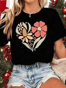 100% Cotton. Floral Heart Print T-Shirt, 100% Cotton, Graphic Design, Urban Hip-Hop Style, Breathable. Women's Simple Solid Color T-Shirt, Loose And Slim Fit Casual Short Sleeve - 黑色 - 查看 1