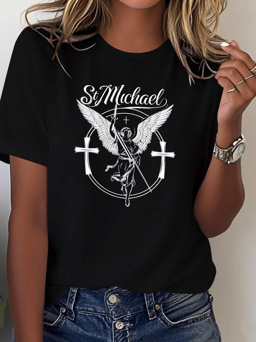 Women's T-Shirt With Guardian Angel Design - Guardian Angel Design, Religious Symbol T-Shirt, Soft Casual Top For Everyday Wear (Machine Washable) - Christian Faith Clothing, Ode To Faith, Comfortable Fabric, Spiritual Explorer, Elegant Party Outfit, T-Shirt For Elegant Ladies, Blouses Suitable For Curvy Women, Casual Clothing, Cool And Sweat-Free Clothing In Summer, Fun Letter Print - 黑色 - 查看 1