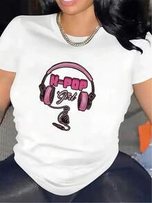Women's Mexican Short-Sleeve T-Shirt, Polyester Fabric, K-Pop Design With Pink Headphone Print, Lightweight And Durable, Perfect For Casual Wear At Home, Cafes, Or Concerts, Comfortable Fit For Everyday Wear. Summer Fashion Cotton T-Shirt - 黑色 - 查看 7