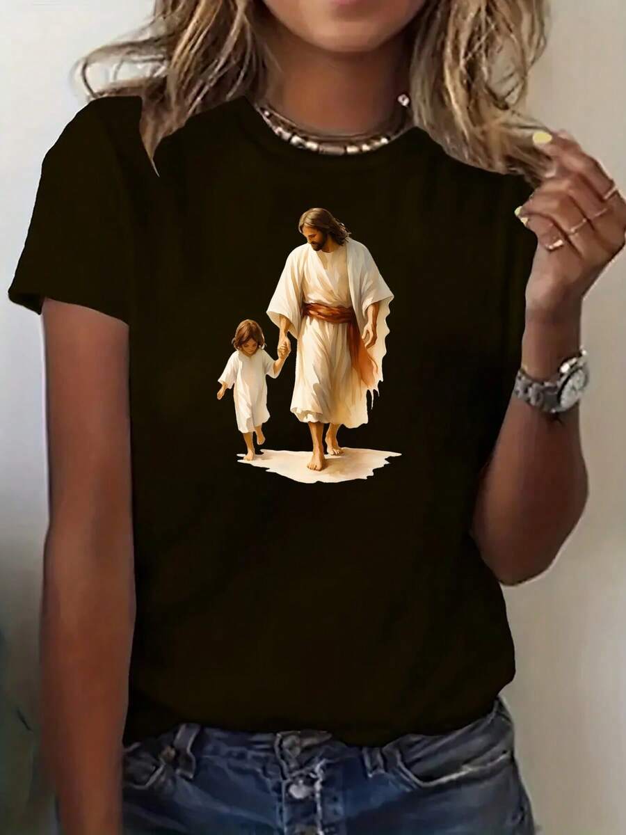 Jesus, Children's Print, Women's Casual Short-Sleeved T-Shirt, Comfortable Fit, Matching Sister Sets, Outdoor Travel Essential, Women's T-Shirt, Spring/Summer T-Shirt. - 黑色 - 查看 1