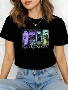 Women's Plus-Size Short-Sleeved T-Shirt With A Round Neck, Comfortable And Cool, Featuring Halloween Elements For The Spooky Season. (The Main Elements Include Ghosts, Pumpkins, Black Cats, Castles, And Other Halloween Motifs, With A Spooky Style, And The Text Highlights "Spooky Season," So This Description Can Emphasize The Main Elements And The Theme.) Multifunctional Women's Summer Top, Comfortable And Breathable, Suitable For Vacations - 黑色 - 查看 1