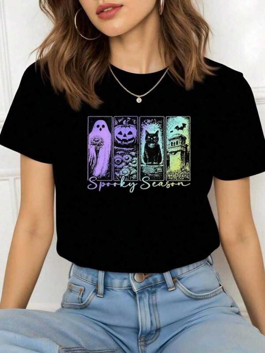 Women's Plus-Size Short-Sleeved T-Shirt With A Round Neck, Comfortable And Cool, Featuring Halloween Elements For The Spooky Season. (The Main Elements Include Ghosts, Pumpkins, Black Cats, Castles, And Other Halloween Motifs, With A Spooky Style, And The Text Highlights "Spooky Season," So This Description Can Emphasize The Main Elements And The Theme.) Multifunctional Women's Summer Top, Comfortable And Breathable, Suitable For Vacations - 黑色 - 查看 1