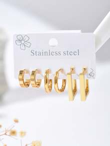 Set de 6 pendientes de aro de acero inoxidable minimalistas y lisos, aptos para uso diario - Multicolor C - Ver 2