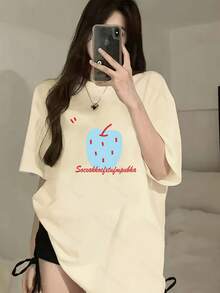 FashionNEW Women's Short Sleeve T-Shirt, 100% Thick Cotton With Cartoon Print, Casual And Flattering Korean Style, Loose Fit Crew Neck - Unisex Cotton Short Sleeve Crew Neck T-Shirt, Vintage Urban Style - 杏色 - 查看 1