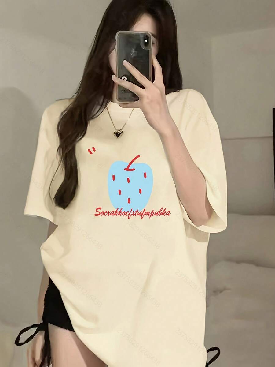 FashionNEW Women's Short Sleeve T-Shirt, 100% Thick Cotton With Cartoon Print, Casual And Flattering Korean Style, Loose Fit Crew Neck - Unisex Cotton Short Sleeve Crew Neck T-Shirt, Vintage Urban Style - 杏色 - 查看 1