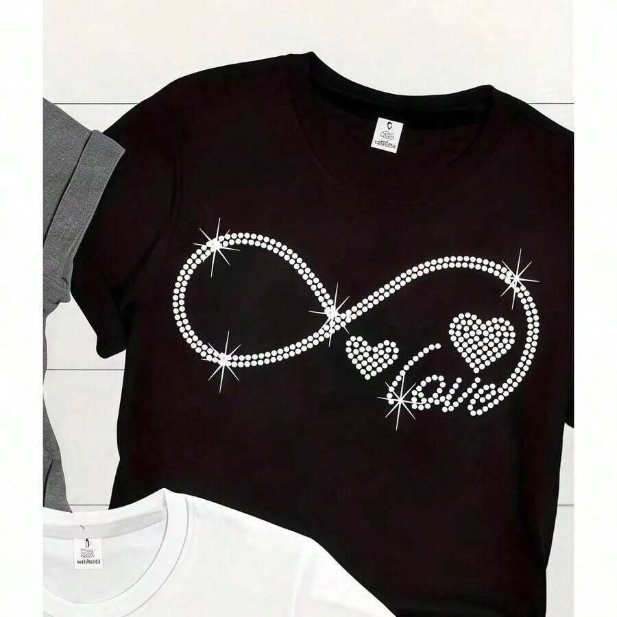 Camiseta Estampadas con corazones, Manga Corta Cuello Redondo Casual Top Para Verano y Primavera, Ropa de - Negro - Ver 1
