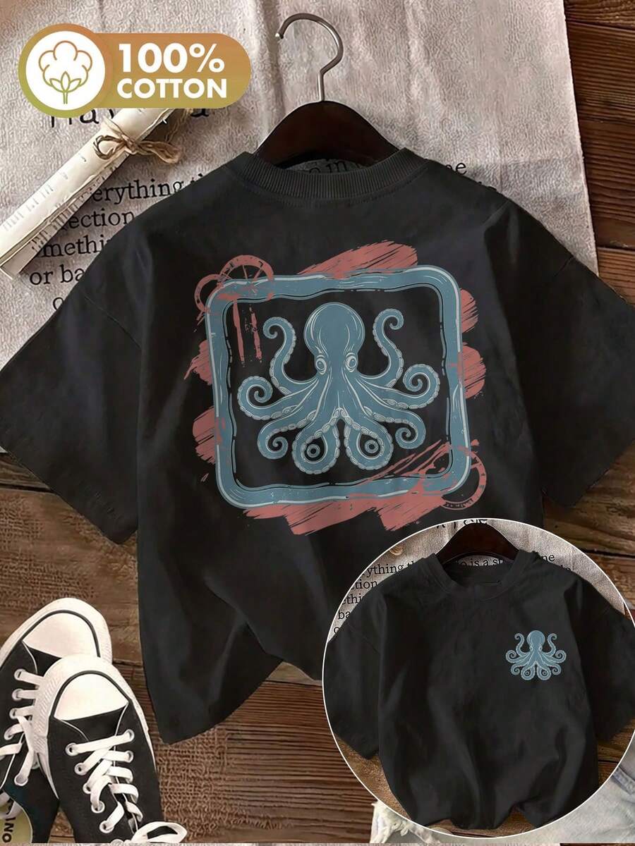 | Exquisite Design | Loose And Comfortable | Easy To Match | [Double-Sided Print] Women's Summer Clothes, Vintage Style, Wave And Octopus Print, Pure Cotton T-Shirt, Casual For Daily Wear, Round Neck, Short Sleeve - 黑色 - 查看 1