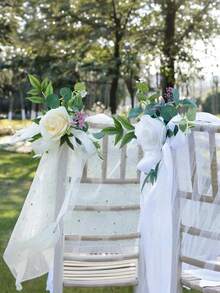 12/6pcs Wedding Aisle Chair Back Flower Bouquet Decor, Rose Style Wedding Chair Decorations (With Leaves And Ribbons), Suitable For Wedding Ceremony Decoration, Church Pew Decor. Holiday Party Supplies, Party Decorations, Wedding Decorations - A - View 2