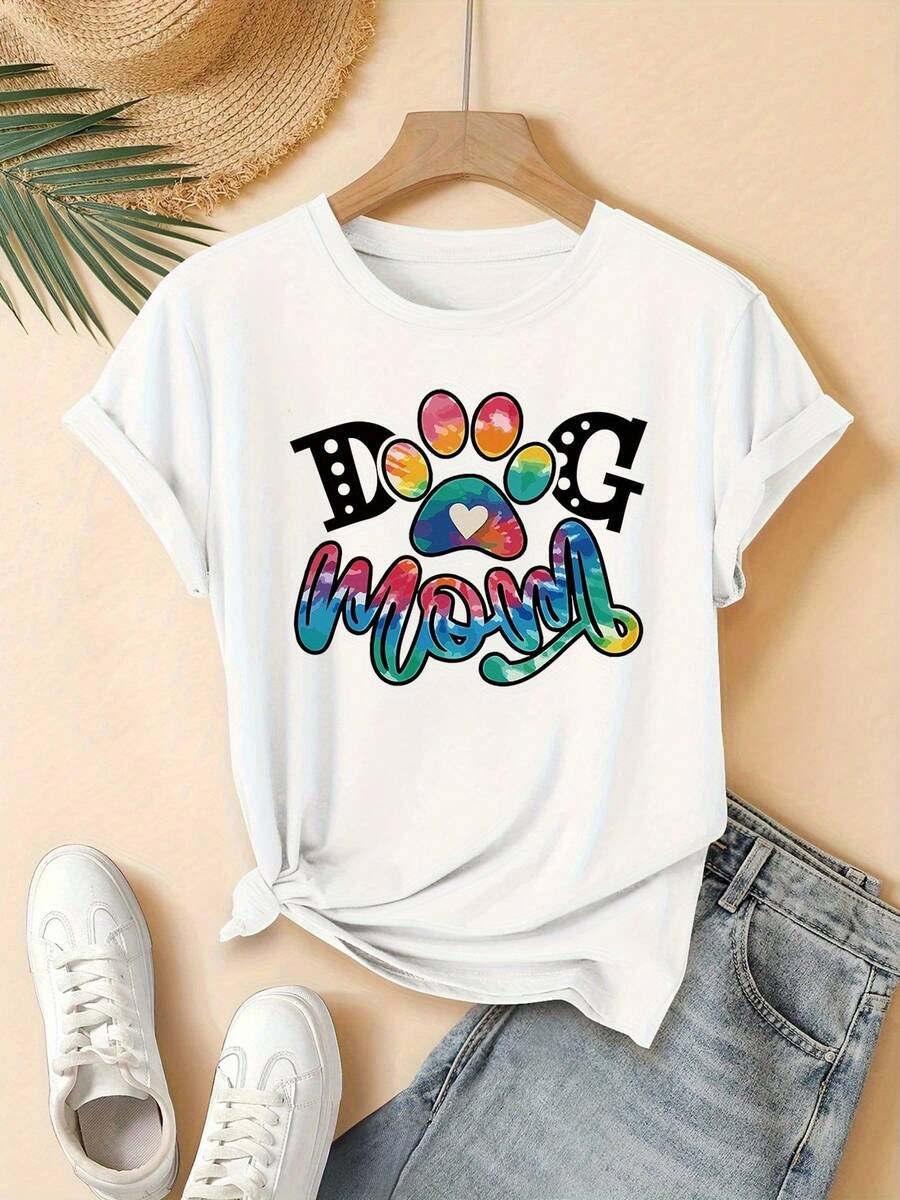 Women's Printed T-Shirt, Casual, Holiday Wear, Short Sleeve, Round Neck, Spring/Summer, Machine Washable, New Women's Clothing, Versatile For Going Out, Suitable For Sports. - 白色 - 查看 1