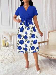 Vestido de mujer con cuello en V y cinturón, manga corta, vestido largo de verano para mujer - Azul - Ver 3