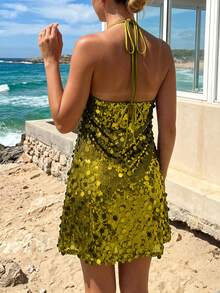 Women's Halter Mini Dress Sparkly Sequin Sleeveless Backless Dress for Party Date Night Wear - Verde Oliva - Ver 7