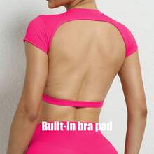 Hearuisavy Breathable Summer Sports T-Shirts, Workout Tops, Activewear, Backless Yoga Clothes, Women's Sports Crop Tops, Gym Top - 玫瑰胸墊 - 查看 1