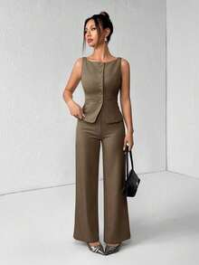 PETITE Conjunto de chaleco y pantalones de un solo pecho de unicolor con cuello redondo, elegante traje de oficina para mujer, ropa de mujer de verano y otoño, conjunto de oficina, ropa casual de negocios, conjunto de dos piezas, ropa de oficina de otoño para mujer, conjunto de blazers para mujer - Marrón - Ver 7