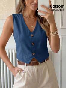Blusa informal sin mangas de unicolor para oficina en verano, blusas sin mangas - Azul - Ver 9