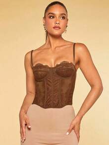 Top de tirantes bustier ribete con encaje - Marrón - Ver 5
