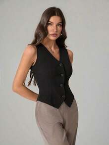 Tall Cárdigan casual de mujer de unicolor con cuello en V y sin mangas - Negro - Ver 7