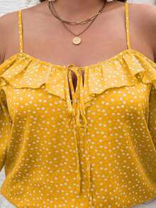 Camiseta romántica con volantes y escote descubierto de corazoncitos para vacaciones, talla grande.Ideal para fiesta casual, picnic o San Valentín. - Amarillo - Ver 5