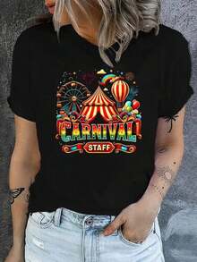 Camiseta de manga corta con cuello redondo y estampado de letras con diseño de parque de atracciones para el día de carnaval, 100% algodón, elegante para mujer, transpirable, ropa de verano fresca y versátil para mujer. - Negro - Ver 1