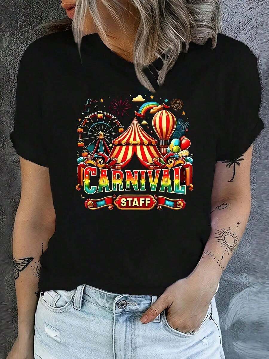 Camiseta de manga corta con cuello redondo y estampado de letras con diseño de parque de atracciones para el día de carnaval, 100% algodón, elegante para mujer, transpirable, ropa de verano fresca y versátil para mujer. - Negro - Ver 1