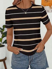 Camiseta de manga corta holgada con cuello redondo, estilo asimétrico a rayas, minimalista y casual, para mujer.Versátil y adecuada para primavera/verano y temporada deportiva - Multicolor 14 - Ver 5