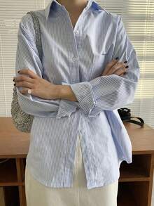 Camisa de manga larga con hombros caídos y rayas verticales - Azul y blanco - Ver 10
