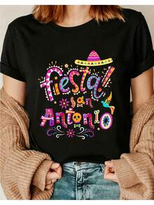 Colorful Women's T-Shirt With A Mexican Fiesta Design Featuring Festive Text And Traditional Motifs For The Holiday Season. A Great Gift For Friends And Family. 01 Round Neck, Short Sleeve Top. Suitable For All Seasons. Casual And Versatile. - 黑色 - 查看 1